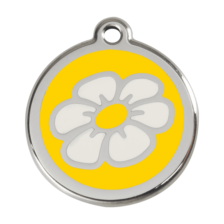 Vue avant - Médaille personnalisable Marguerite jaune en émail et acier inoxydable Red Dingo - Taille L
