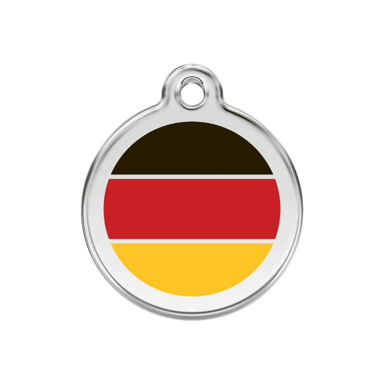 Vue avant - Médaille personnalisée pour chien Red Dingo drapeau allemand - Émail et acier inoxydable - Taille M