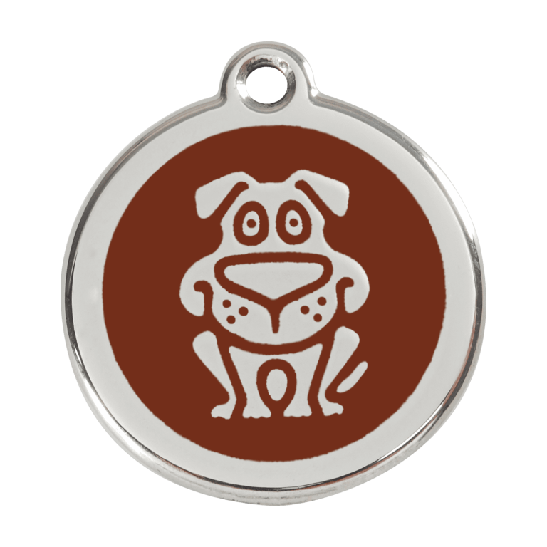 Vue avant - Médaille personnalisée pour chien Red Dingo en émail et acier inoxydable - Motif chien brun - Taille L 38.00mm