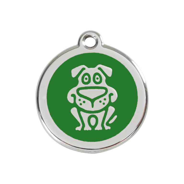 Vue avant - Médaille personnalisée pour chien Red Dingo émail et acier inoxydable vert - Taille M