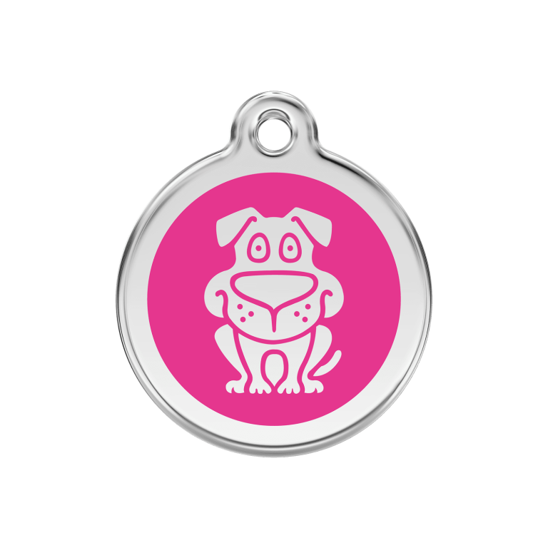 Vue avant - Médaille personnalisable pour chien Red Dingo en émail et acier inoxydable - Rose vif - Taille M