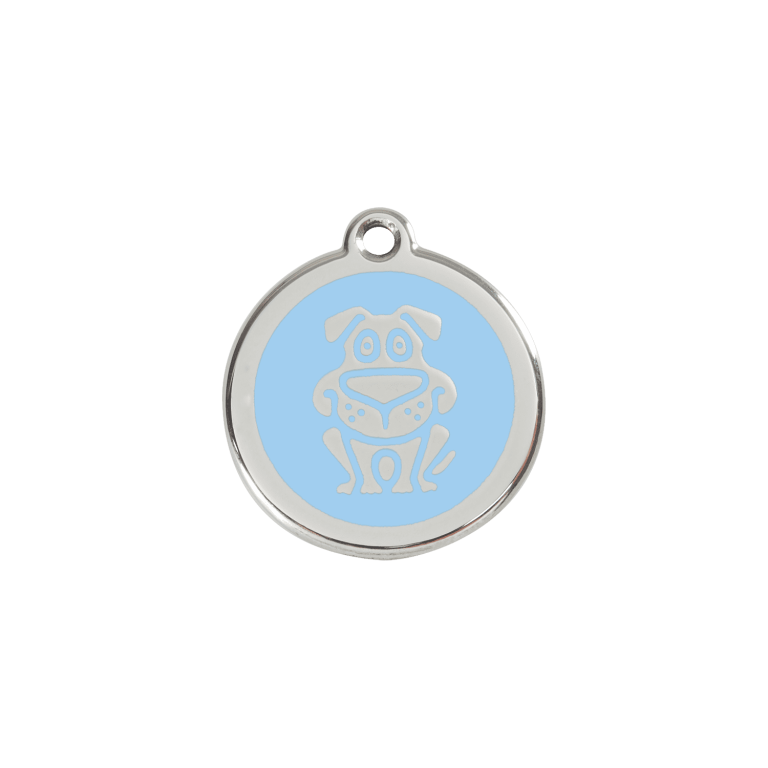 Vue avant - Médaille personnalisable pour chien/chat Red Dingo Émail et acier inoxydable - Motif chien - Bleu clair - Taille S