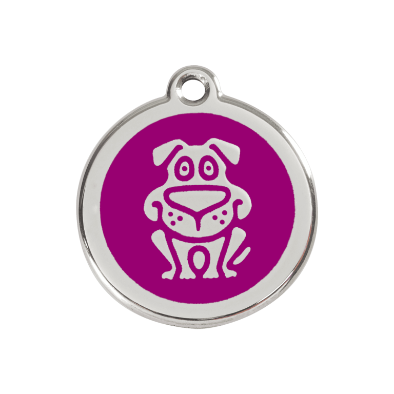 Vue avant - Médaille personnalisée pour chien Red Dingo en émail et acier inoxydable violet - Taille M