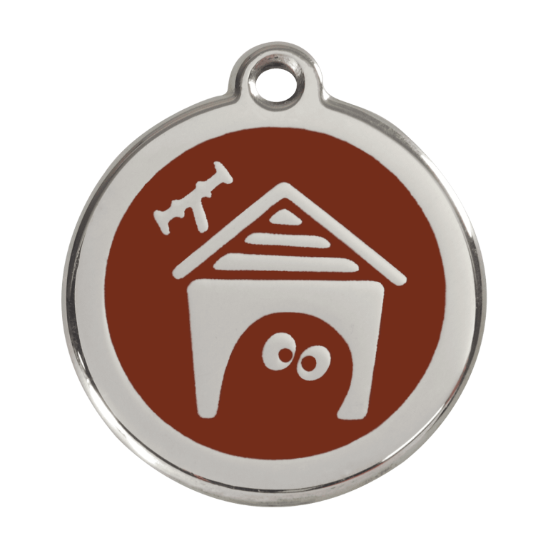 Vue avant - Médaille personnalisée pour chien Red Dingo en émail et acier inoxydable - Motif Niche - Brun - Taille L