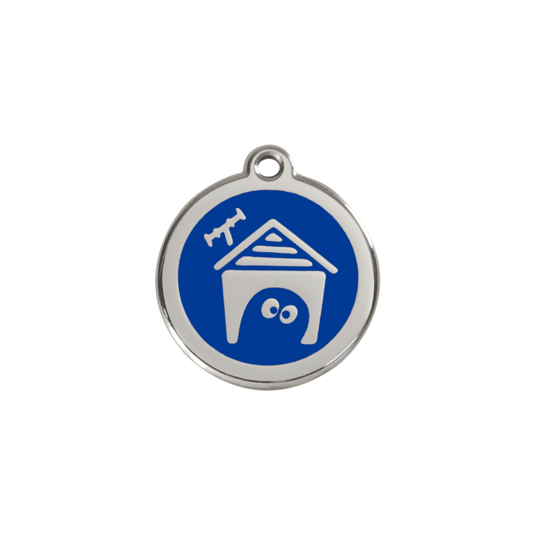Vue avant - Médaille personnalisée pour chien/chat Red Dingo en émail et acier inoxydable - Motif Niche - Bleu foncé - Taille S