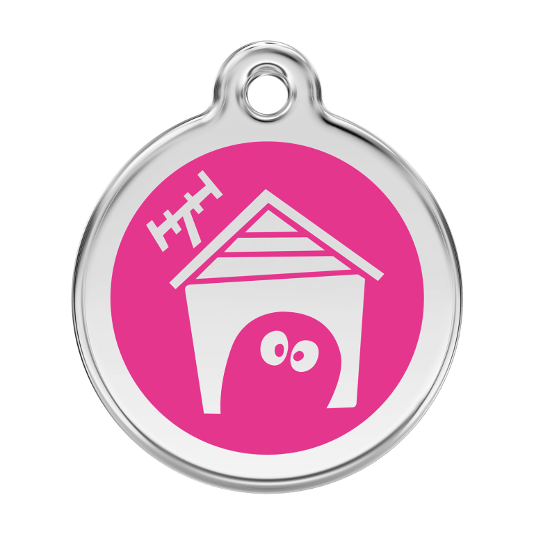 Vue avant - Médaille personnalisable pour chien en émail et acier inoxydable - Red Dingo - Motif Niche - Rose vif - Taille L