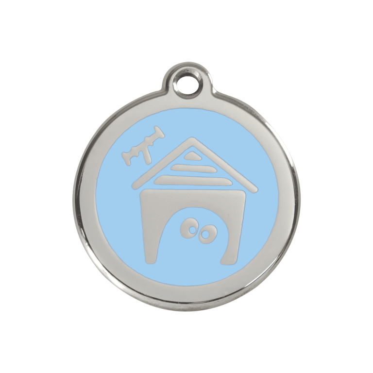 Vue avant - Médaille personnalisée pour chien Red Dingo Émail et acier inoxydable - Motif Niche - Bleu clair - Taille M
