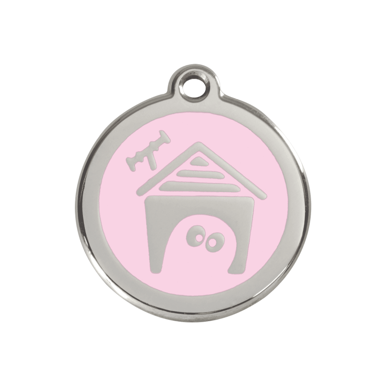 Vue avant - Médaille personnalisée pour chien Red Dingo rose en émail et acier inoxydable - Taille M - Référence 01-DH-PK-ME