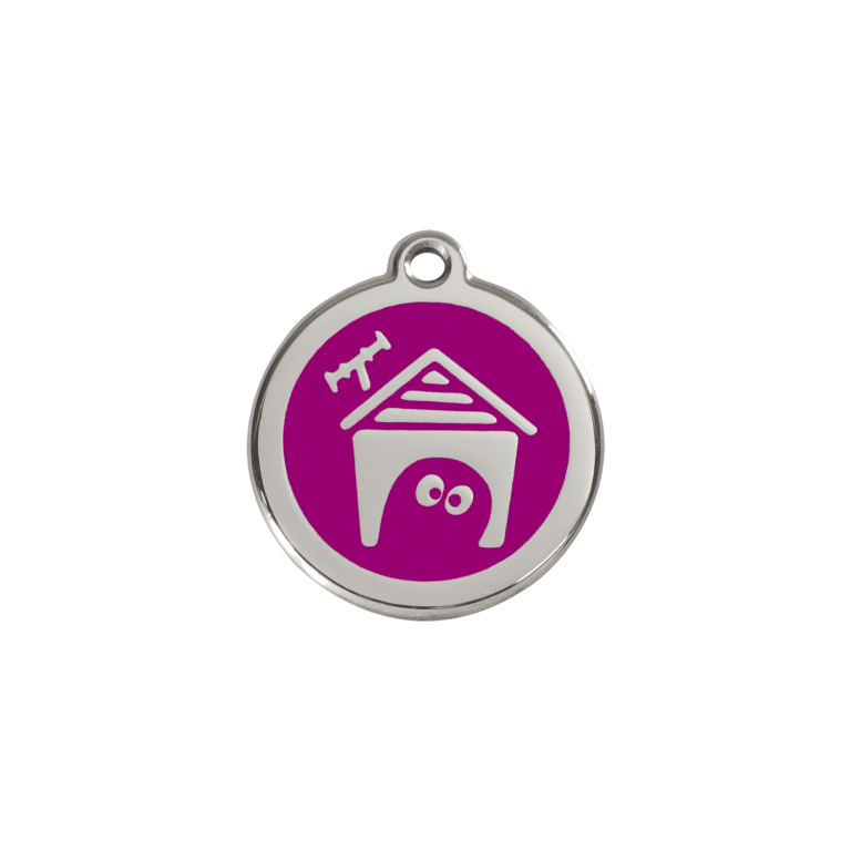 Vue avant - Médaille personnalisée pour chien/chat Red Dingo violet en émail et acier inoxydable - Taille S - Réf : 01-DH-PU-SM