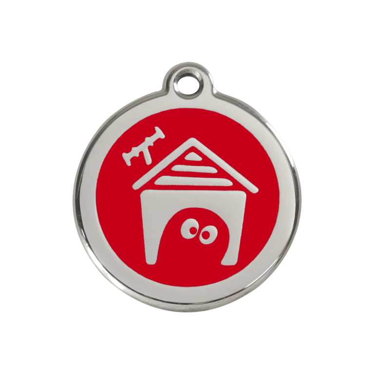 Vue avant - Médaille personnalisée pour chien Red Dingo en émail et acier inoxydable - Motif niche - Rouge - Taille M