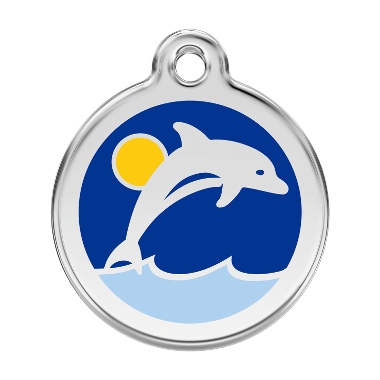Vue avant - Médaille personnalisée pour chien - Red Dingo Émail et acier inoxydable - Dauphin Bleu foncé - Taille L