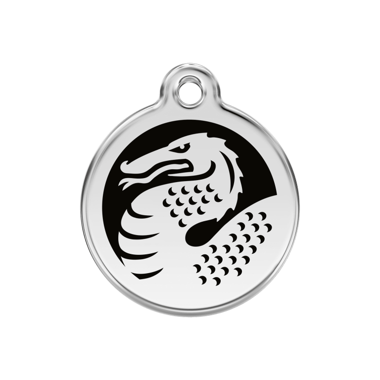Vue avant - Médaille personnalisable pour chien en émail et acier inoxydable avec motif dragon - Red Dingo - Noir - Taille M