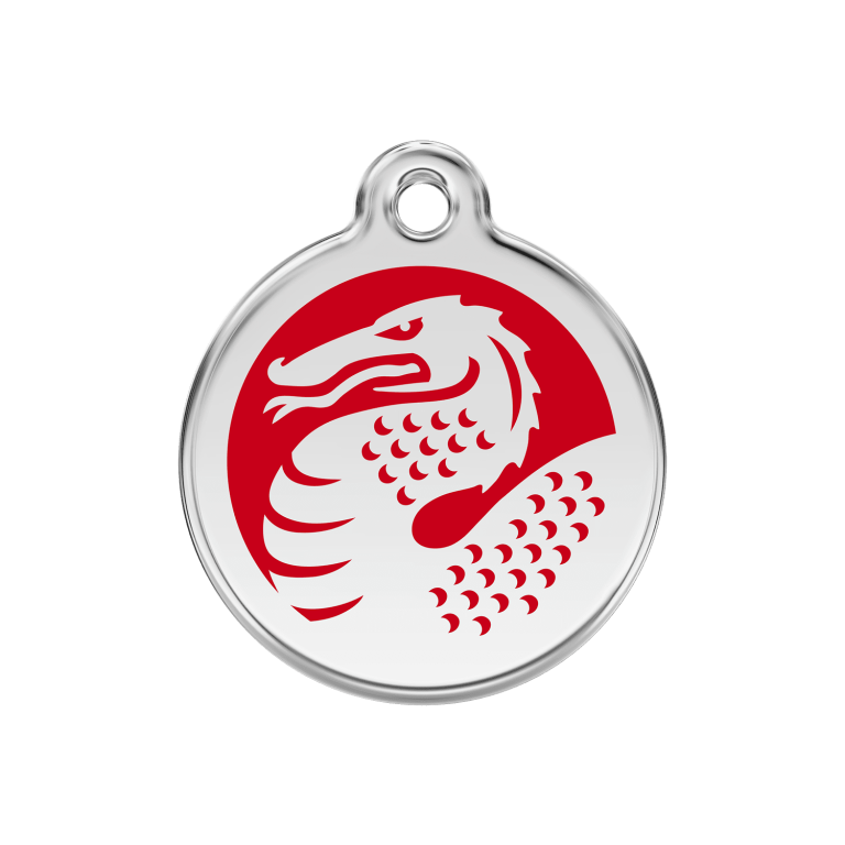 Vue avant - Médaille personnalisée pour chien Red Dingo Dragon en émail et acier inoxydable - Rouge - Taille M