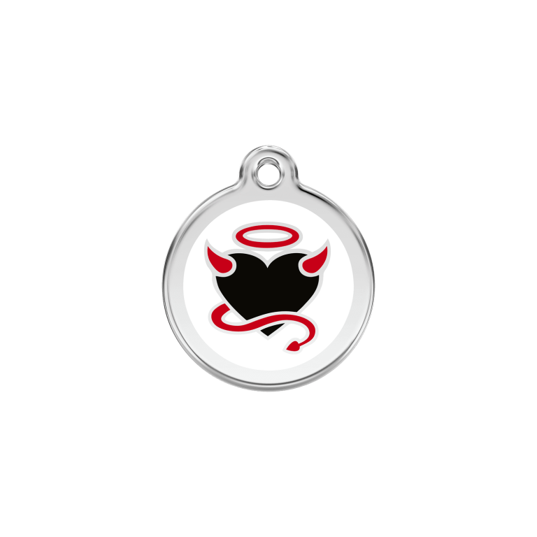 Vue avant - Médaille personnalisée pour chien/chat Red Dingo Émail et acier inoxydable - Motif Diable - Blanc - Taille S