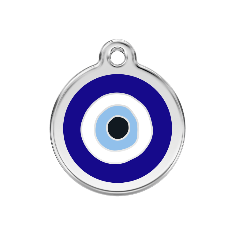 Vue avant - Médaille personnalisée pour chien/chat Red Dingo Émail/Acier inoxydable - Motif Mauvais ?il - Bleu foncé - Taille M