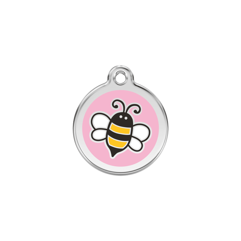 Vue avant - Médaille personnalisée en émail et acier inoxydable pour chat - Red Dingo - Bourdon rose - Taille S