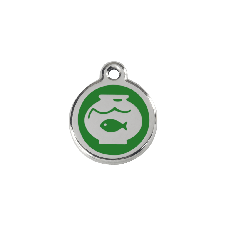 Vue avant - Médaille personnalisée pour chien/chat Red Dingo Émail et acier inoxydable - Motif bocal poissons - Vert - Taille S