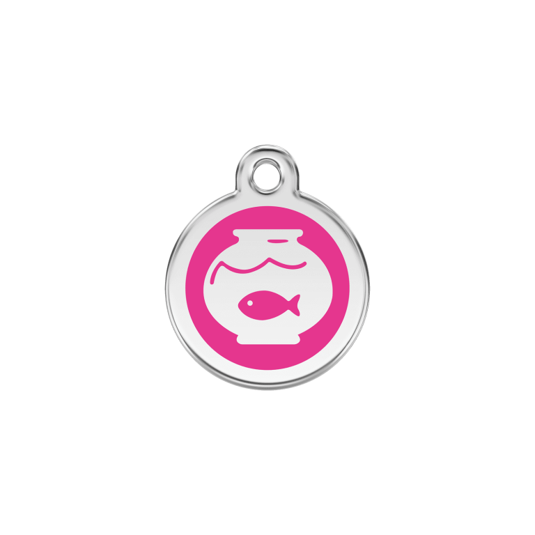 Vue avant - Médaille personnalisée pour chien/chat Red Dingo Émail/Acier inoxydable - Motif bocal poissons - Rose vif - Taille S