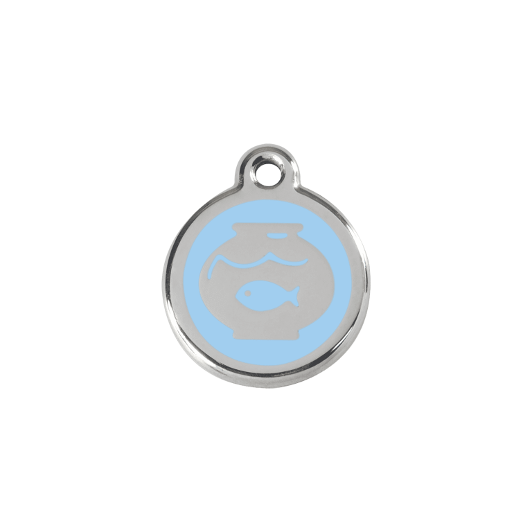 Vue avant - Médaille personnalisable pour chat ou chien Red Dingo Émail et acier inoxydable - Motif bocal à poissons - Bleu clair - Taille S