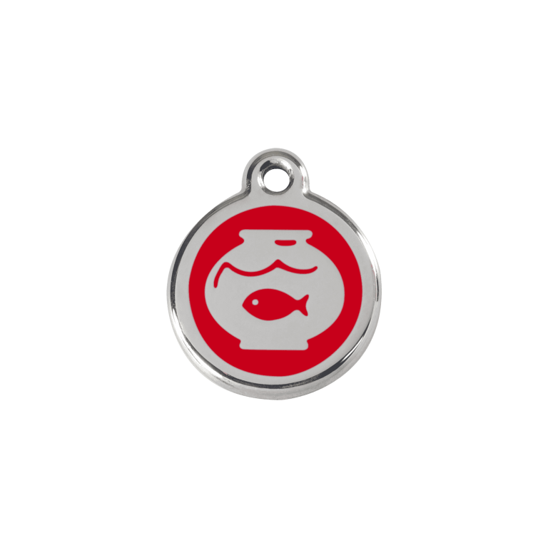 Vue avant - Médaille personnalisée pour chien/chat Red Dingo Émail et acier inoxydable - Motif bocal poissons - Rouge - Taille S
