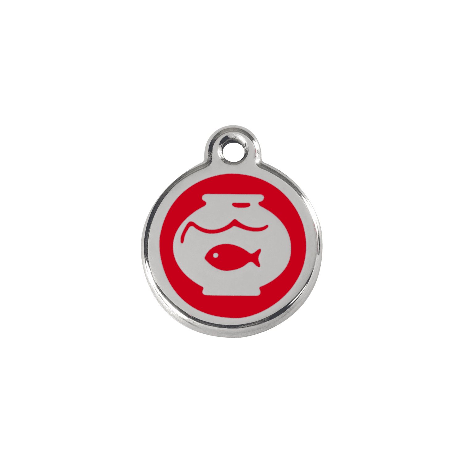 Vue avant - Médaille personnalisée pour chien/chat Red Dingo Émail et acier inoxydable - Motif bocal poissons - Rouge - Taille S