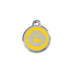 Médaille chat bocal à poissons Jaune S en émail et acier inoxydable