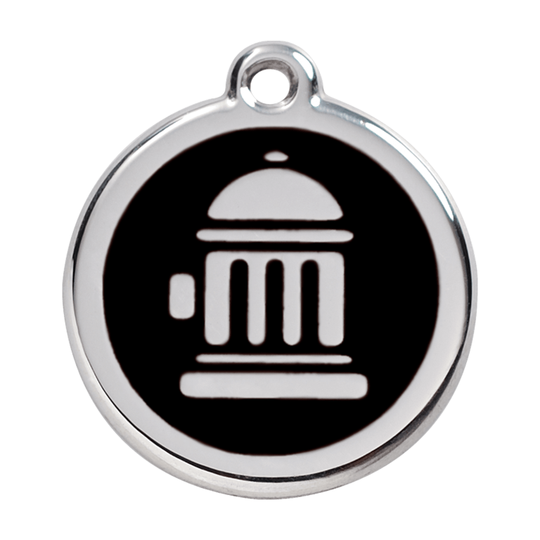 Vue avant - Médaille personnalisée pour chien Red Dingo Émail et acier inoxydable - Bouche d'incendie noir - Taille L