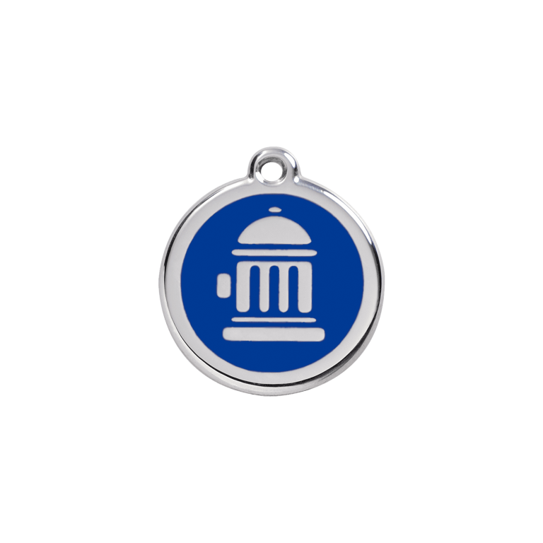 Vue avant - Médaille personnalisée pour chien/chat Red Dingo - Bouche d'incendie bleu foncé - Taille S - Gravure incluse