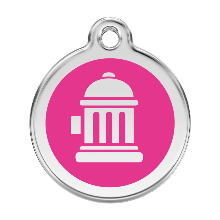 Vue avant - Médaille personnalisée pour chien Red Dingo Émail et acier inoxydable Bouche d'incendie Rose vif - Taille L