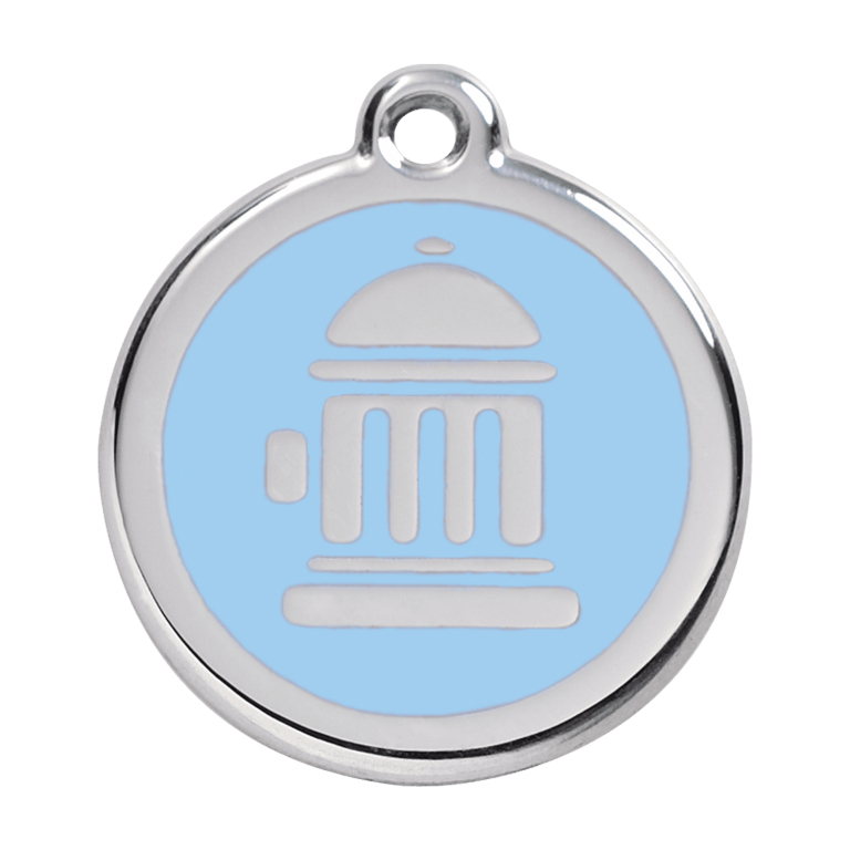 Vue avant - Médaille personnalisée pour chien Red Dingo Émail et acier inoxydable Bouche d'incendie Bleu clair - Taille L