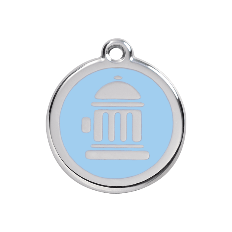 Vue avant - Médaille personnalisée pour chien Red Dingo Émail et acier inoxydable - Bouche d'incendie - Bleu clair - Taille M