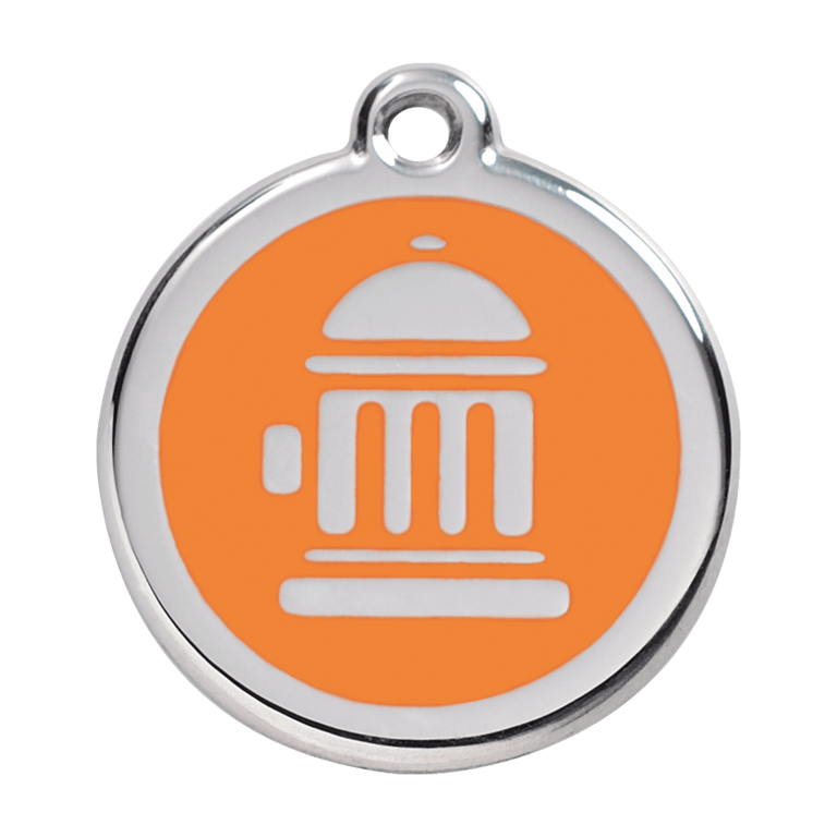 Vue avant - Médaille personnalisée pour chien Red Dingo Émail et acier inoxydable Orange Bouche d'incendie - Taille L