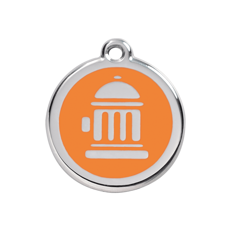 Vue avant - Médaille personnalisée pour chien Red Dingo Émail et acier inoxydable motif bouche d'incendie orange - Taille M - 01-FH-OR-ME