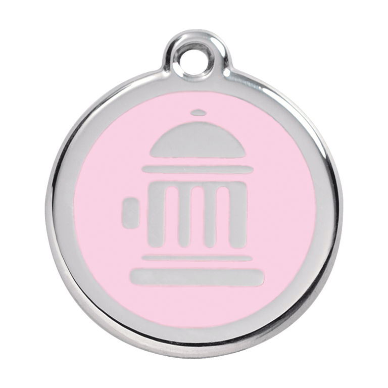 Vue avant - Médaille personnalisée pour chien Red Dingo Émail et acier inoxydable - Bouche d'incendie rose - Taille L