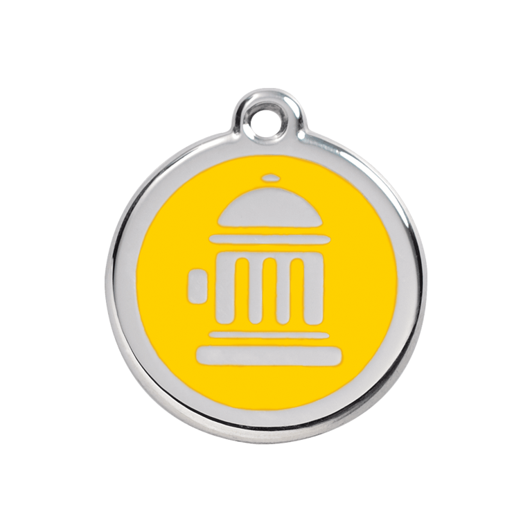 Vue avant - Médaille personnalisée pour chien - Red Dingo Émail et acier inoxydable - Bouche d'incendie jaune - Taille M