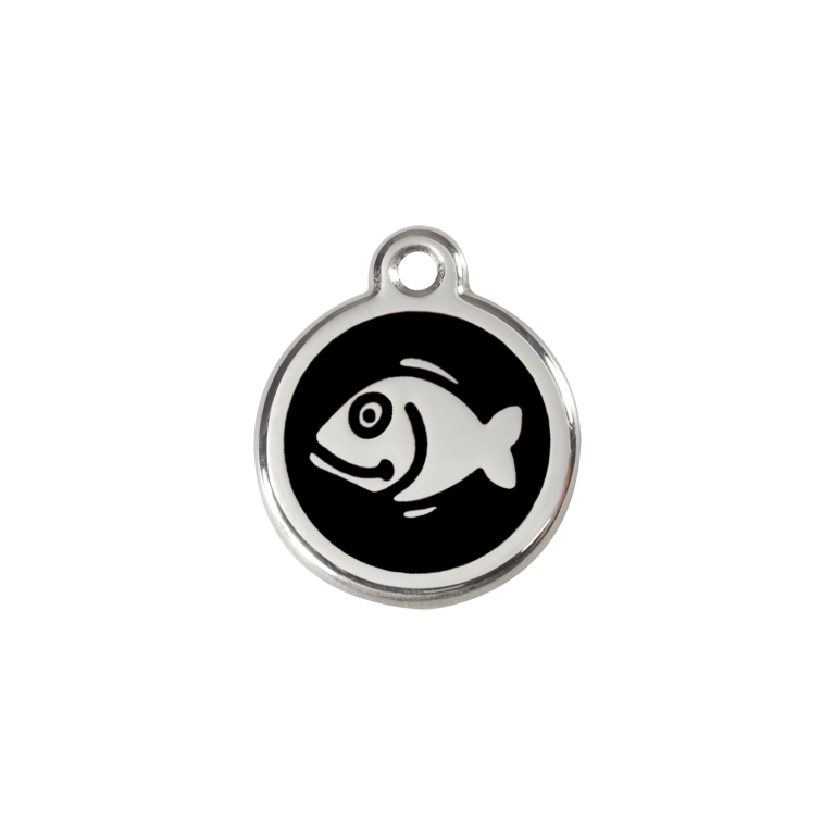 Vue avant - Médaille personnalisée pour chien/chat Red Dingo Émail et acier inoxydable - Motif poisson - Noir - Taille S
