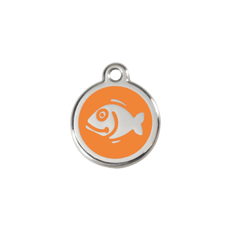 Vue avant - Médaille personnalisée chat Red Dingo Émail et acier inoxydable motif poisson orange - Taille S