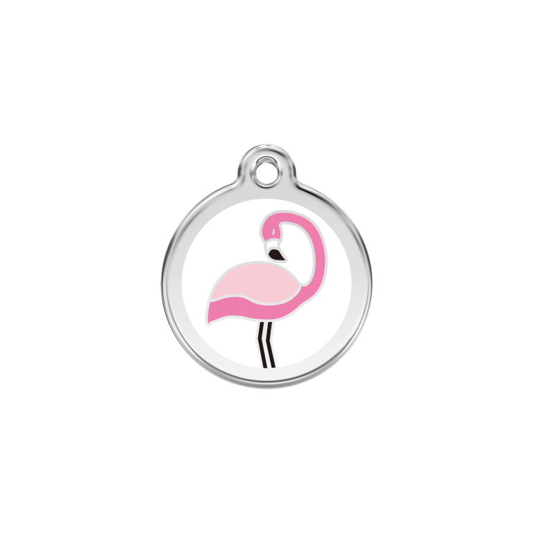 Vue avant - Médaille personnalisée pour chat ou chien - Red Dingo Émail et acier inoxydable - Motif Flamant Blanc - Taille S