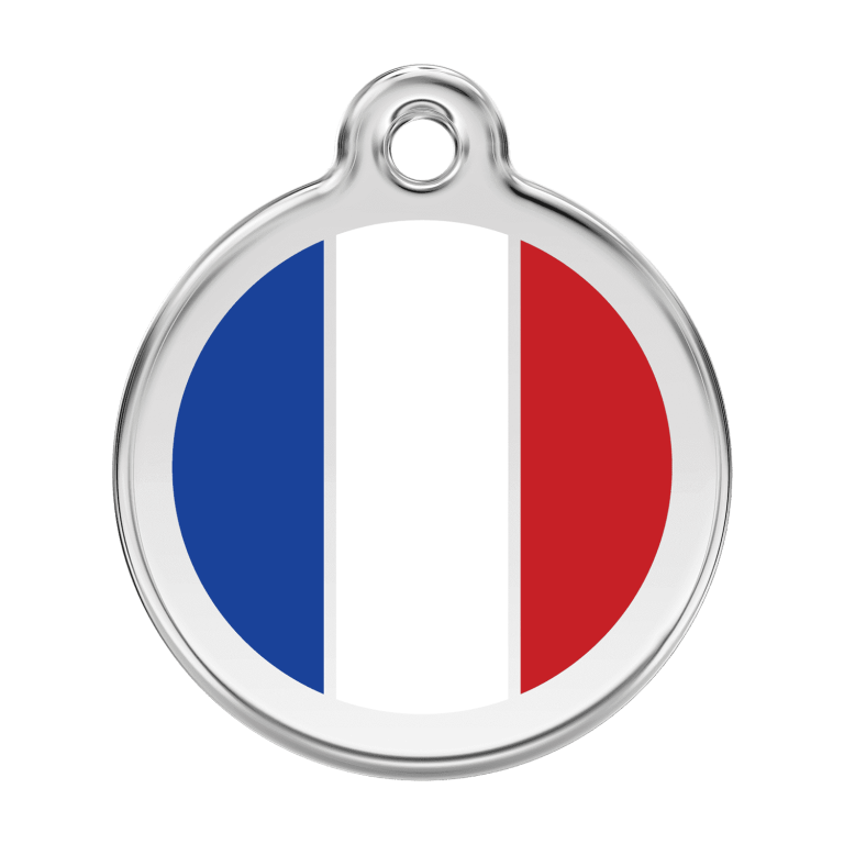 Vue avant - Médaille personnalisée pour chien Red Dingo Émail et acier inoxydable Drapeau français Blanc - Taille L