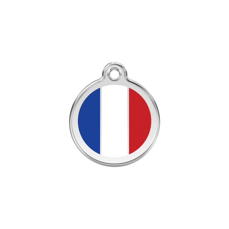 Vue avant - Médaille personnalisée pour chien/chat Red Dingo - Drapeau français - Blanc - Taille S