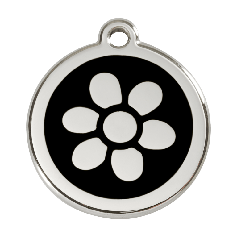 Vue avant - Médaille personnalisée pour chien - Red Dingo Émail et acier inoxydable Fleur Noir L