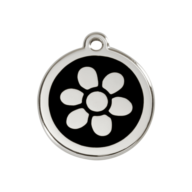 Vue avant - Médaille personnalisée pour chien Red Dingo Émail et acier inoxydable - Motif Fleur - Noir - Taille M