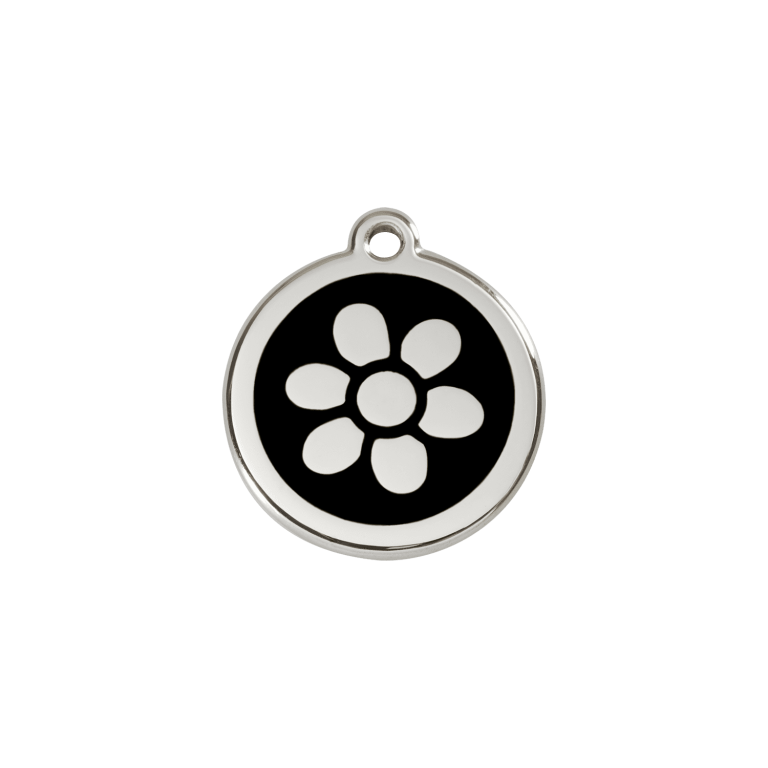 Vue avant - Médaille personnalisée pour chat Red Dingo Émail et acier inoxydable - Motif Fleur Noir - Taille S