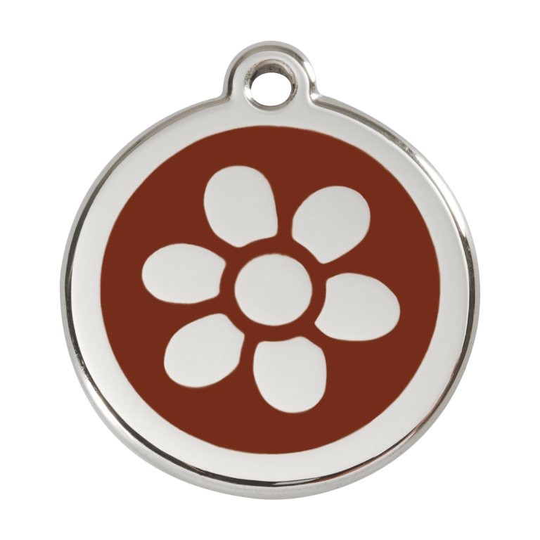 Vue avant - Médaille personnalisée pour chien Red Dingo Émail et acier inoxydable Fleur Brun L 38.00mm