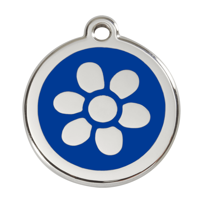 Vue avant - Médaille personnalisée pour chien Red Dingo Émail et acier inoxydable - Fleur bleue - Taille L