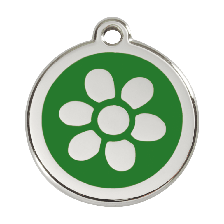 Vue avant - Médaille personnalisée pour chien Red Dingo Émail et acier inoxydable - Fleur Vert - Taille L