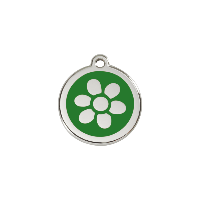 Vue avant - Médaille personnalisée en émail et acier inoxydable pour chat - Red Dingo - Fleur Vert - Taille S