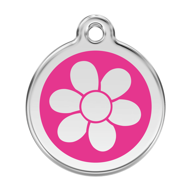 Vue avant - Médaille personnalisée pour chien Red Dingo Émail et acier inoxydable - Fleur Rose vif - Taille L