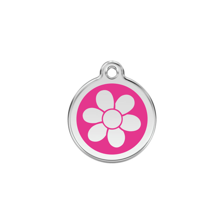 Vue avant - Médaille personnalisée pour chat en émail et acier inoxydable - Red Dingo - Fleur rose vif - Taille S