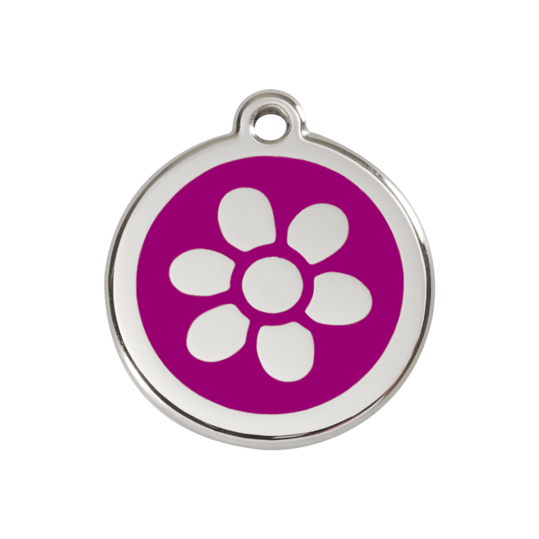 Vue avant - Médaille personnalisée pour chien ou chat - Red Dingo Émail et acier inoxydable - Fleur Violet - Taille M